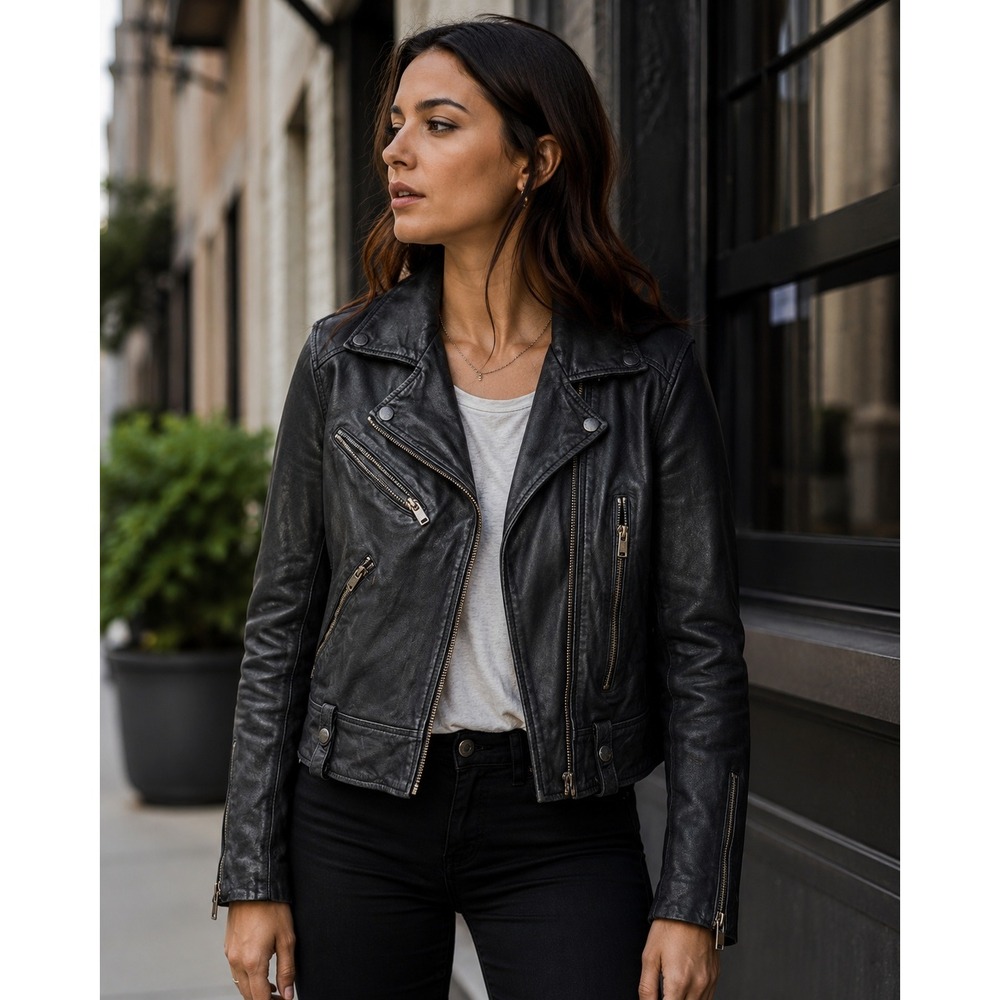 Slate & Willow Classic Moto Jacket Black Genuine Leather Biker Womens Size L
